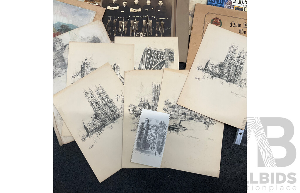 Assorted Vintage Pencil and Ink Sketches, Landscape Watercolour Paintings and Other