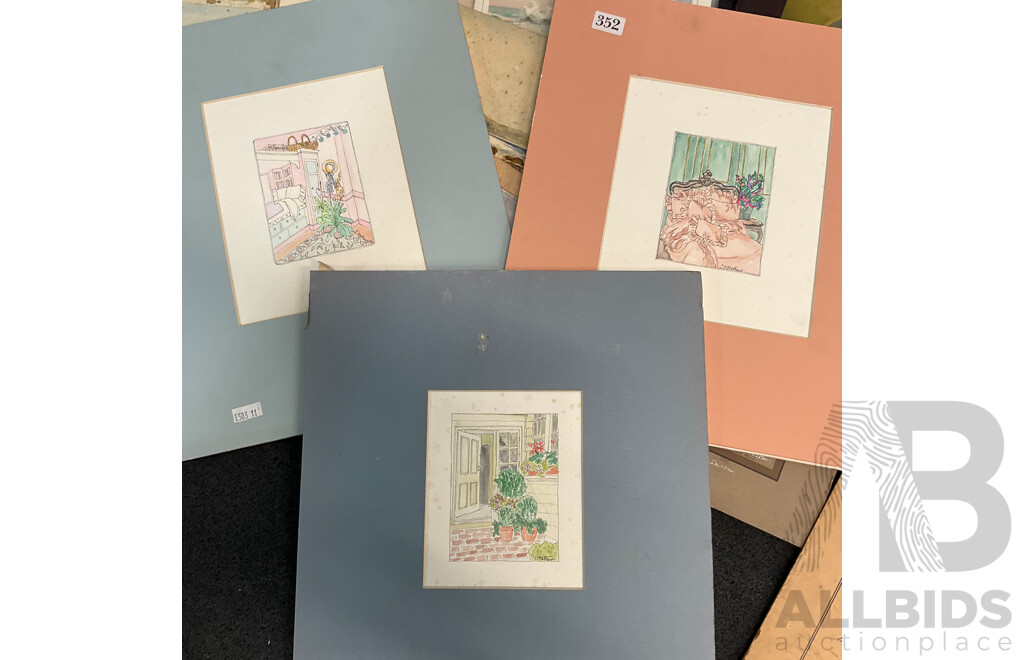 Assorted Vintage Pencil and Ink Sketches, Landscape Watercolour Paintings and Other