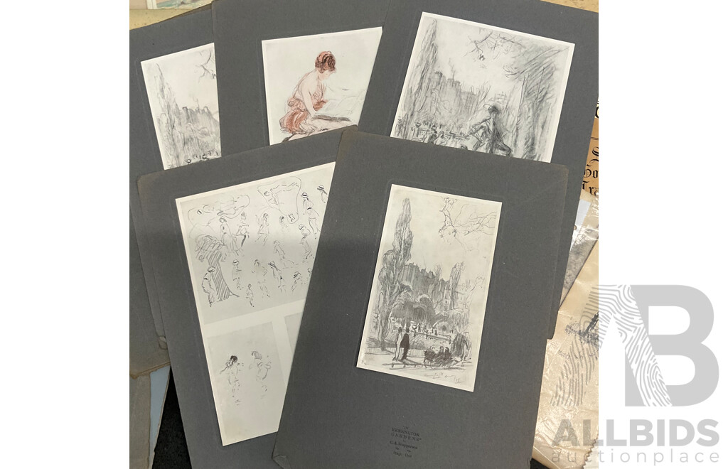 Assorted Vintage Pencil and Ink Sketches, Landscape Watercolour Paintings and Other