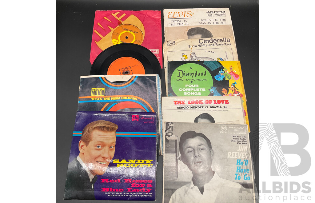 Vintage 7-Inch Singles, EPs & Soundtrack Records – Elvis Presley, Beatles, Sergio Mendes, Disneyland & More - Lot of 12
