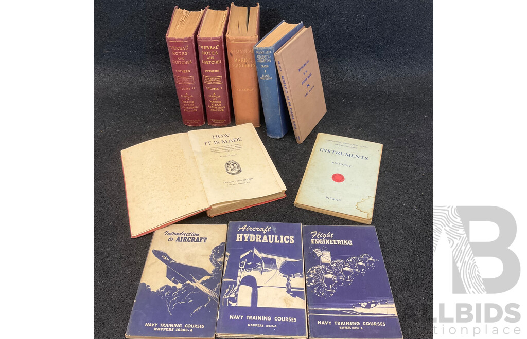 Collection of Vintage Technical Books, Including Marine Engineering, Earonautics and Aviation