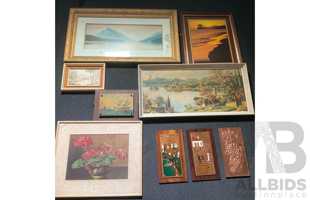 Assorted Framed Vintage Prints and Metal Wall Plaques - Lot of 9