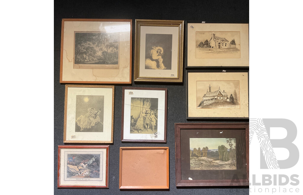 Assorted Vintage Chromolithographs and Two Artworks by Jack Montgomery ''Jerilderie Building'' and ''Brick Cottage Bourke NSW''  Mixed Media Watercolour  - Lot of 8