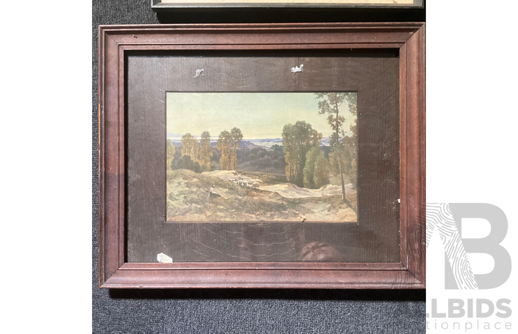 Assorted Vintage Chromolithographs and Two Artworks by Jack Montgomery ''Jerilderie Building'' and ''Brick Cottage Bourke NSW''  Mixed Media Watercolour  - Lot of 8