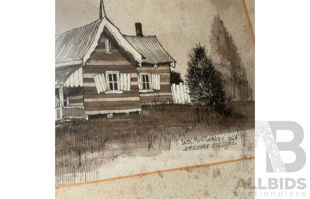 Assorted Vintage Chromolithographs and Two Artworks by Jack Montgomery ''Jerilderie Building'' and ''Brick Cottage Bourke NSW''  Mixed Media Watercolour  - Lot of 8