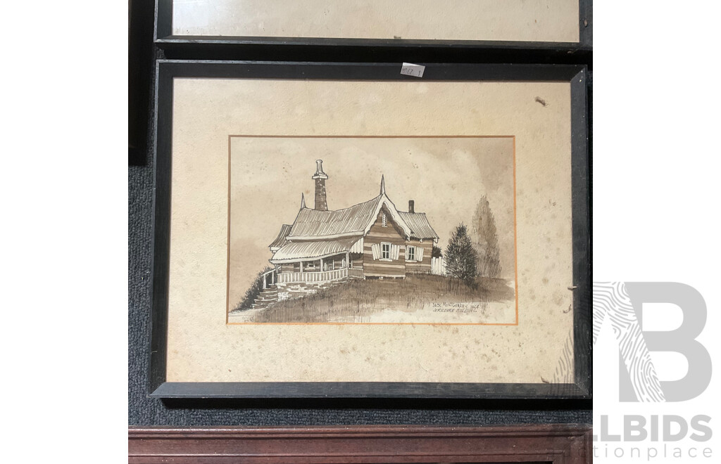 Assorted Vintage Chromolithographs and Two Artworks by Jack Montgomery ''Jerilderie Building'' and ''Brick Cottage Bourke NSW''  Mixed Media Watercolour  - Lot of 8