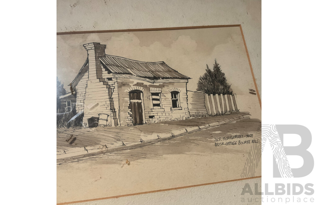 Assorted Vintage Chromolithographs and Two Artworks by Jack Montgomery ''Jerilderie Building'' and ''Brick Cottage Bourke NSW''  Mixed Media Watercolour  - Lot of 8