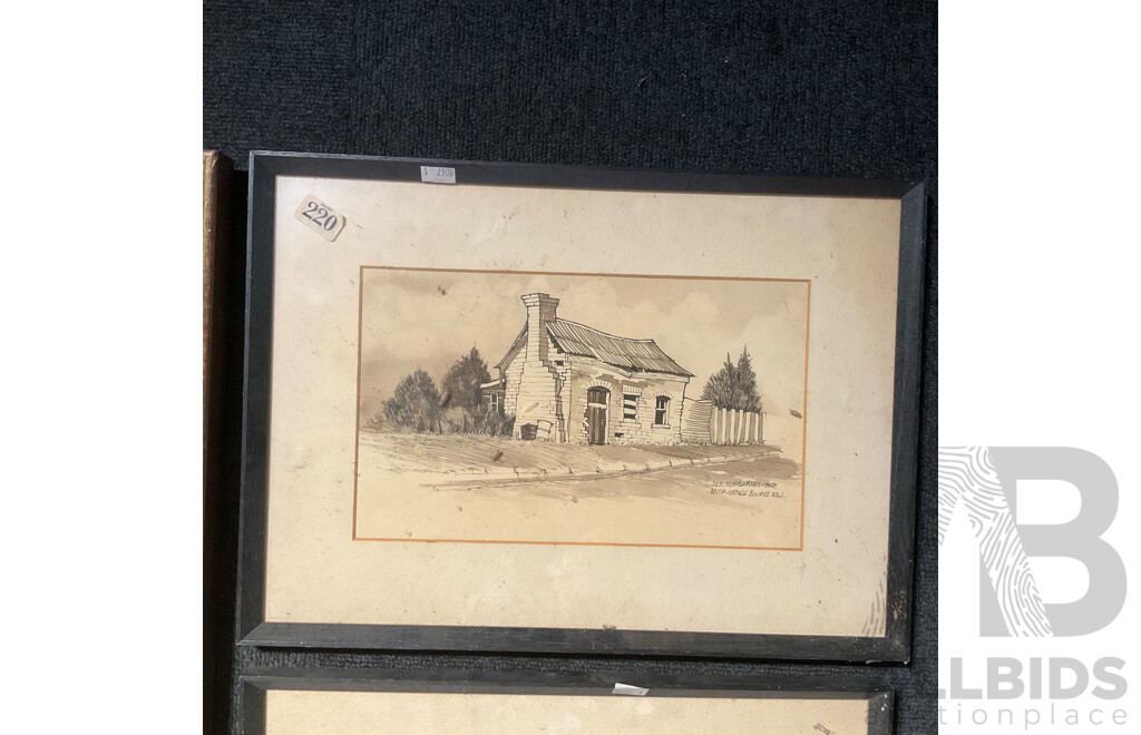 Assorted Vintage Chromolithographs and Two Artworks by Jack Montgomery ''Jerilderie Building'' and ''Brick Cottage Bourke NSW''  Mixed Media Watercolour  - Lot of 8