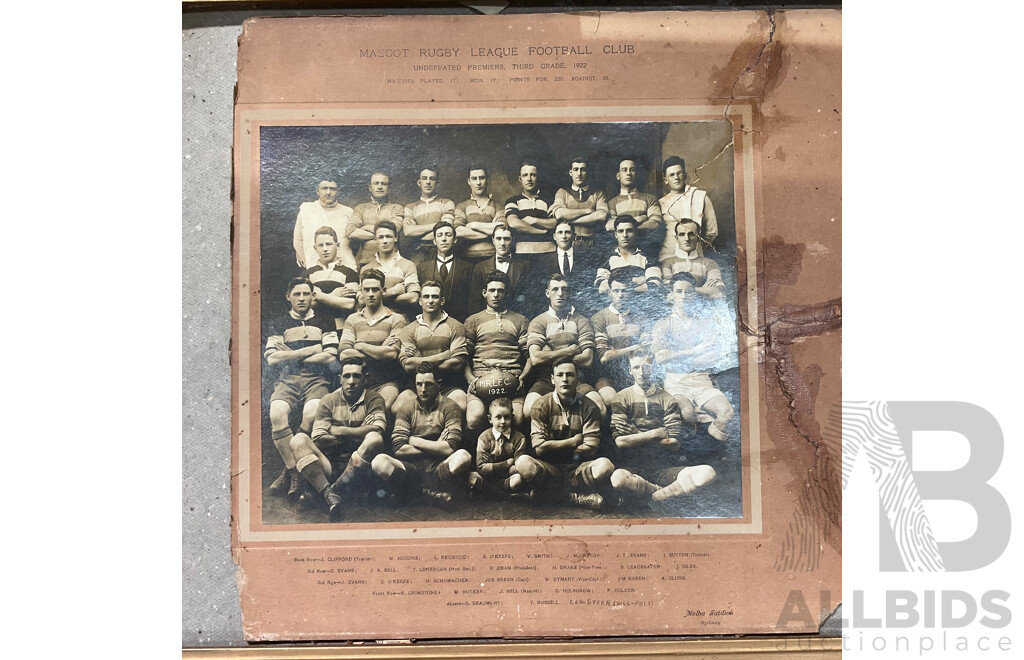 Collection of Vintage Artworks, Paintings, Prints and Photographs, Including Photograph of the Mascot Rugby League Football Club From 1922