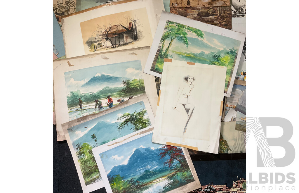 Collection of Vintage Artworks, Paintings, Prints and Photographs, Including Photograph of the Mascot Rugby League Football Club From 1922