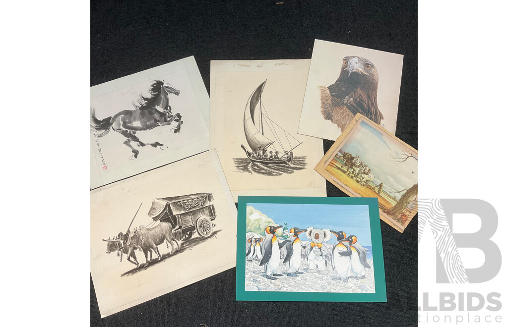 Collection of Vintage Artworks, Paintings, Prints and Photographs, Including Photograph of the Mascot Rugby League Football Club From 1922