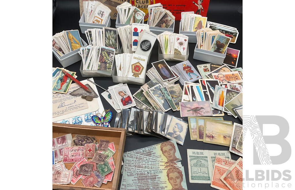 Collection of Vintage Ephemera, Including Mint and Cancelled Pre-decimal Stamps, Cigarette Cards, NSW Motor Spirit Ration Tickets and Irish Hospitals Sweepstake Vouchers