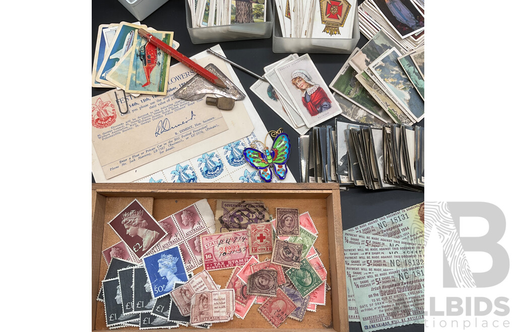 Collection of Vintage Ephemera, Including Mint and Cancelled Pre-decimal Stamps, Cigarette Cards, NSW Motor Spirit Ration Tickets and Irish Hospitals Sweepstake Vouchers
