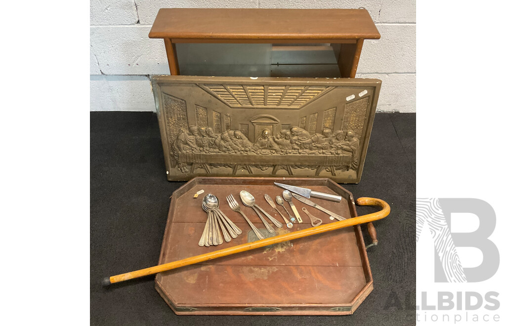 Collection of Vintage Household Items, Including Wall Plaque ''The Last Supper'', Wooden Tray, Walking Cane, Wooden Display Cabinet and Silver Plated Cutlery