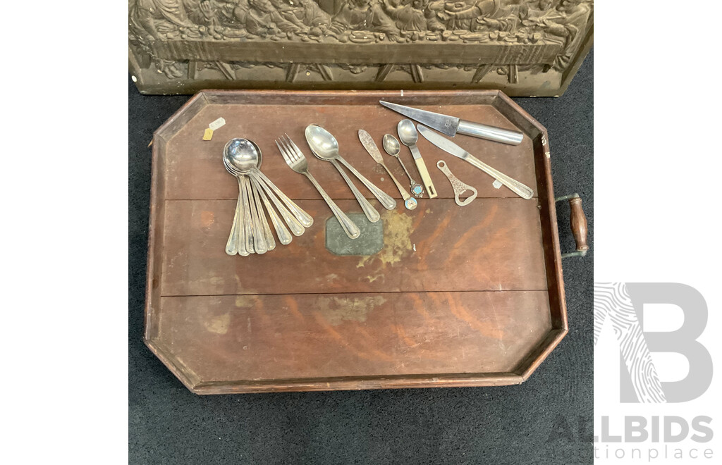 Collection of Vintage Household Items, Including Wall Plaque ''The Last Supper'', Wooden Tray, Walking Cane, Wooden Display Cabinet and Silver Plated Cutlery