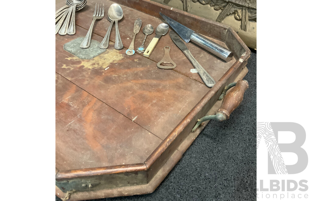 Collection of Vintage Household Items, Including Wall Plaque ''The Last Supper'', Wooden Tray, Walking Cane, Wooden Display Cabinet and Silver Plated Cutlery