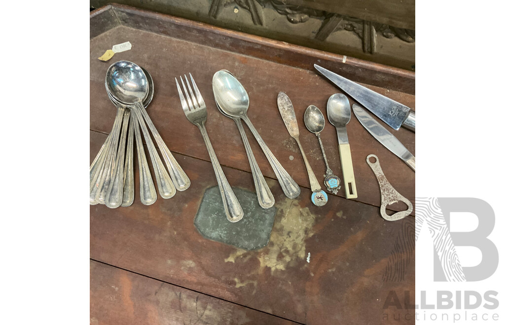 Collection of Vintage Household Items, Including Wall Plaque ''The Last Supper'', Wooden Tray, Walking Cane, Wooden Display Cabinet and Silver Plated Cutlery