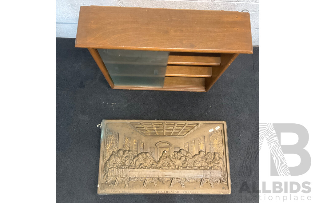 Collection of Vintage Household Items, Including Wall Plaque ''The Last Supper'', Wooden Tray, Walking Cane, Wooden Display Cabinet and Silver Plated Cutlery