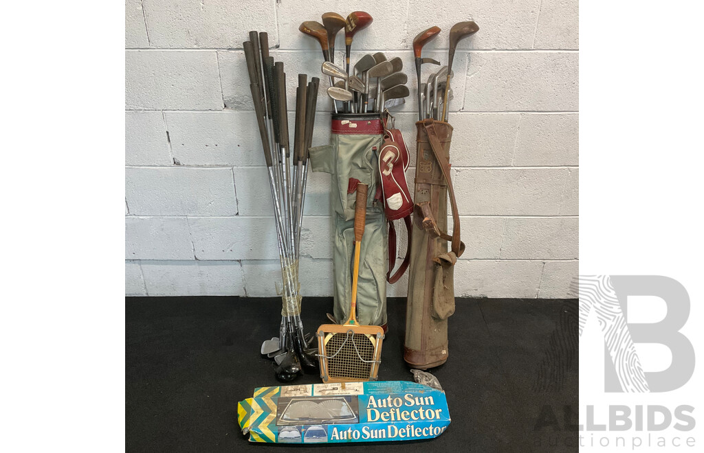 Collection of Vintage Golf Clubs, Tennis Racket and Auto Sun Deflector