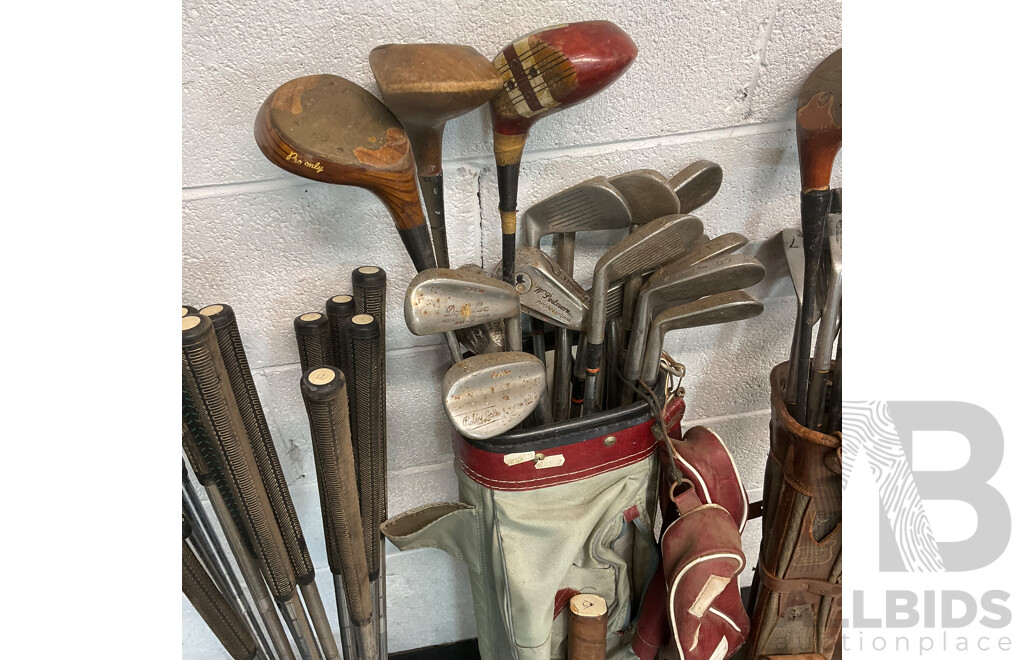 Collection of Vintage Golf Clubs, Tennis Racket and Auto Sun Deflector