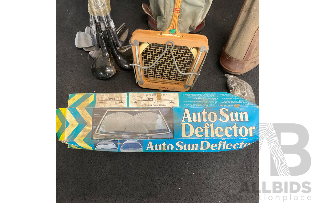 Collection of Vintage Golf Clubs, Tennis Racket and Auto Sun Deflector