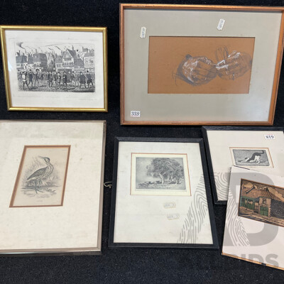 Assorted Vintage Prints, Including Lionel Lindsay ''The Cat'', Sir William Jardine's ''The Naturalist's Library - Bittern'', Herbert RReginald Gallop ''Swamp Ti Trees'' and  Artworks by Brian Dunlop ''His Hands''  - Lot of 6