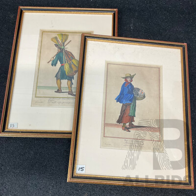 Two Vintage Prints, Cryes of London ''Saleswomen of Almanacks'' and ''Old Schooes Fro Some Broomes''