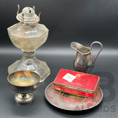 Vintage Decorative Silverplate Plate, Sugar Bowl and Footed Creamer, Glass Kerosene Table Lamp and Benson and Hedges Cigarette Tin - Lot of 5