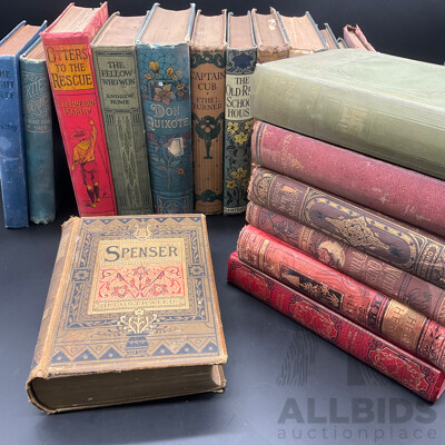 Collection of Early 20th Century Fiction in Decorative Hardback, Including Don Quixote, Poetical Works of Edmund Spenser, Otters to the Rescue and More