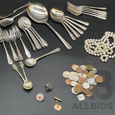 Collection of Silver Plated Vintage Cutlery, Assorted Coins and Others