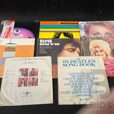 Collection of 8 Vintage Vinyl LP Records, Including The Beatles Song Book, The Bee Gees Best Collection, Neil Diamond, Elvis and More