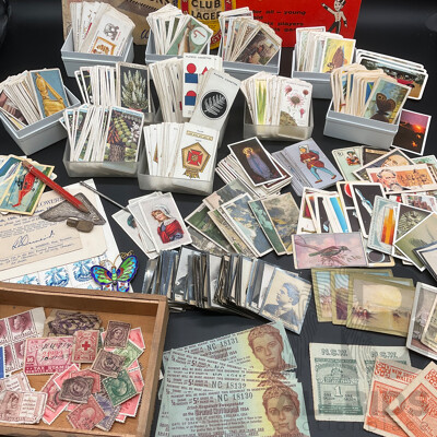 Collection of Vintage Ephemera, Including Mint and Cancelled Pre-decimal Stamps, Cigarette Cards, NSW Motor Spirit Ration Tickets and Irish Hospitals Sweepstake Vouchers