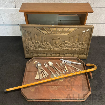 Collection of Vintage Household Items, Including Wall Plaque ''The Last Supper'', Wooden Tray, Walking Cane, Wooden Display Cabinet and Silver Plated Cutlery