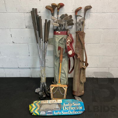 Collection of Vintage Golf Clubs, Tennis Racket and Auto Sun Deflector
