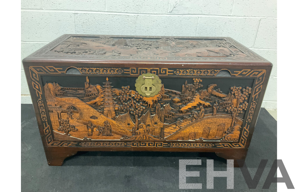 Large Antique Chinese Carved and Inlaid Wooden Chest