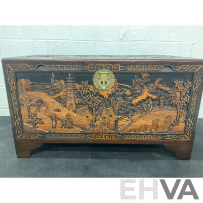 Large Antique Chinese Carved and Inlaid Wooden Chest