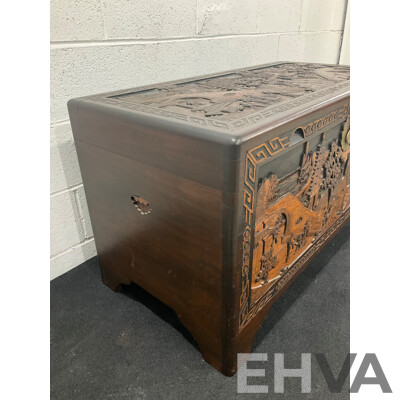 Large Antique Chinese Carved and Inlaid Wooden Chest