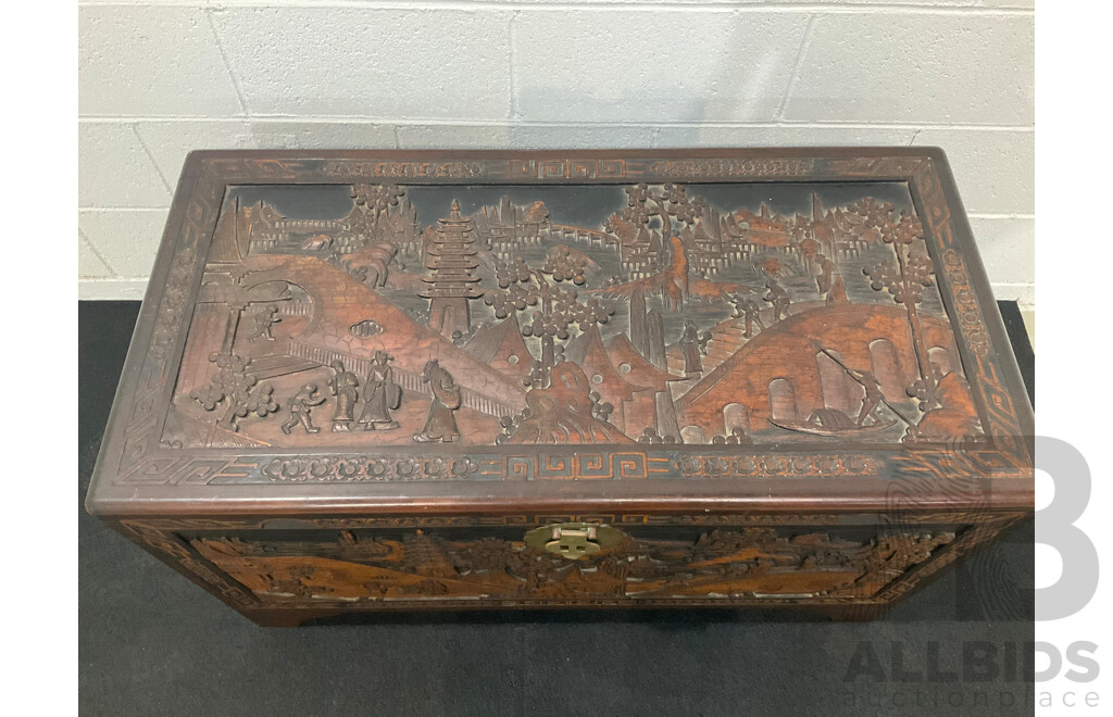 Large Antique Chinese Carved and Inlaid Wooden Chest
