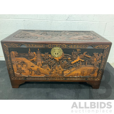 Large Antique Chinese Carved and Inlaid Wooden Chest