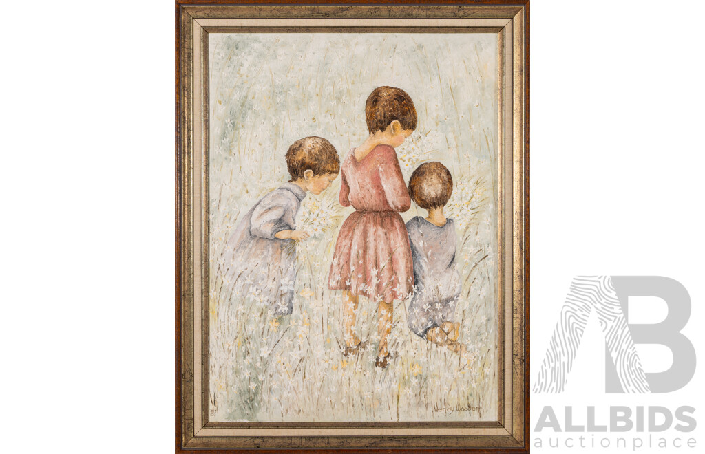 Wendy Wooden (20th Century, Australian), Collecting Daisies (1984),  Wonderful Original Acylic and Oil on Canvas, 70 x 54 cm (frame)