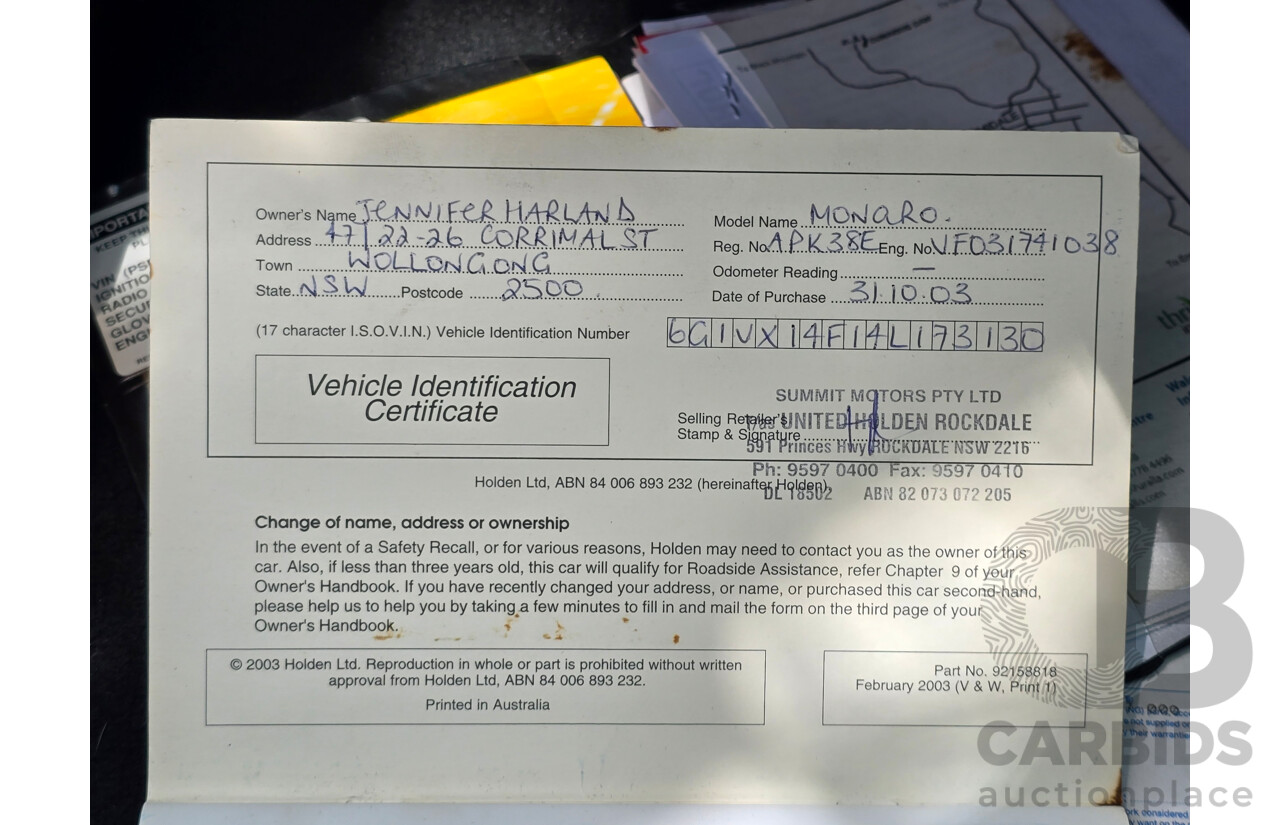 9/2003 Holden Monaro CV8 V2 Series III 2d Coupe Barbados Metallic Blue V8 5.7L