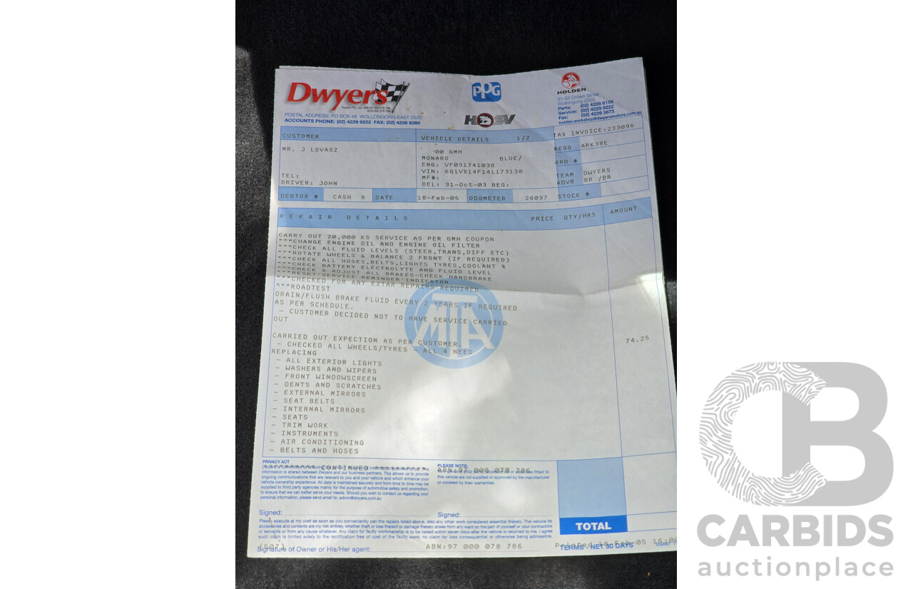 9/2003 Holden Monaro CV8 V2 Series III 2d Coupe Barbados Metallic Blue V8 5.7L