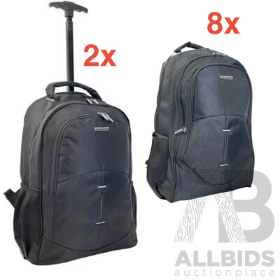 SOUTHBOUND Executive Laptop Backpack - SB-6601 Black (x8) and SOUTHBOUND Executive Wheeled Backpack - SB6801 Black (x2) - Lot of 10
