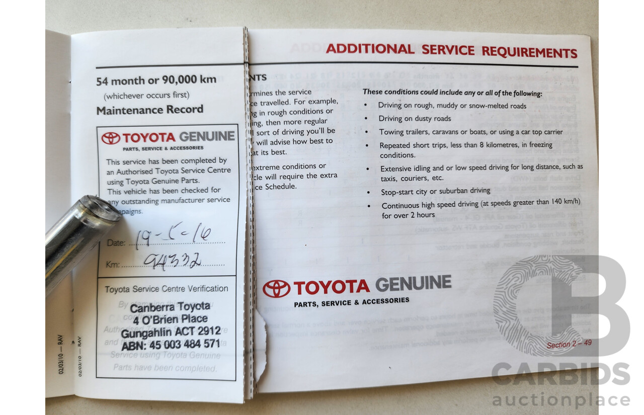 10/2011 Toyota Rav4 Altitude (2wd) ACA38R MY11 4d Wagon Red 2.4L