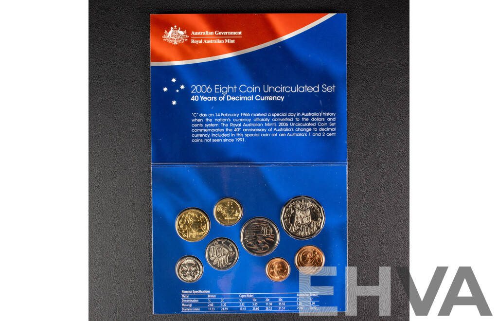 Australian RAM 2006 Eight UNC Coin Set, Forty Years Decimal Currency 