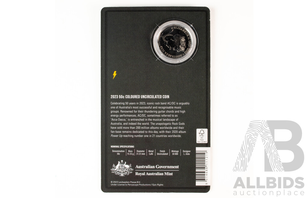 Australian 2023 Coloured fifty cent coin. AC /DC 60th Anniversary