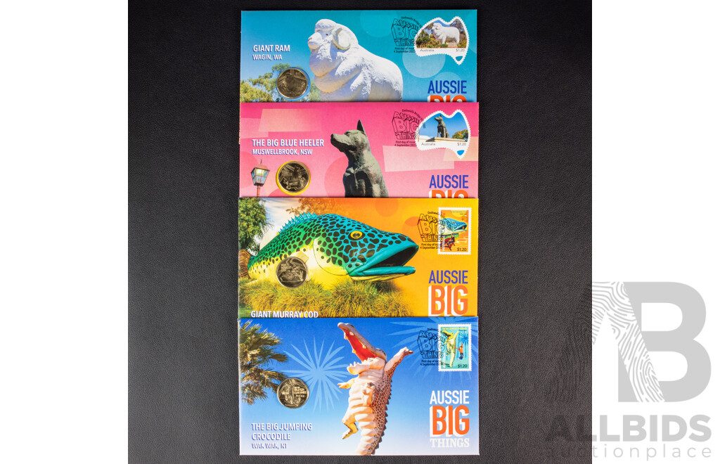 Four Australian 2023 Aussie Big Things $1 coins and stamps.