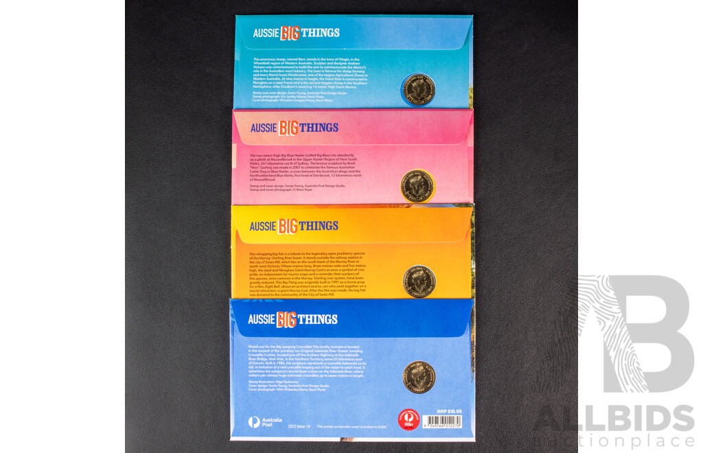 Four Australian 2023 Aussie Big Things $1 coins and stamps.