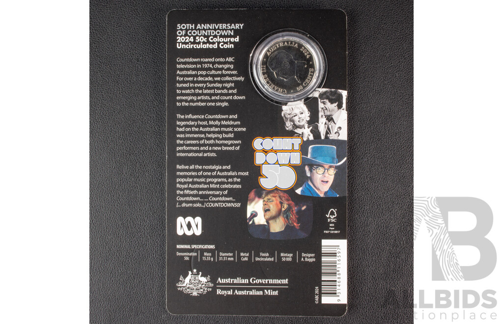 2024 ABC Count Down 50 years coloured 50c Coin.