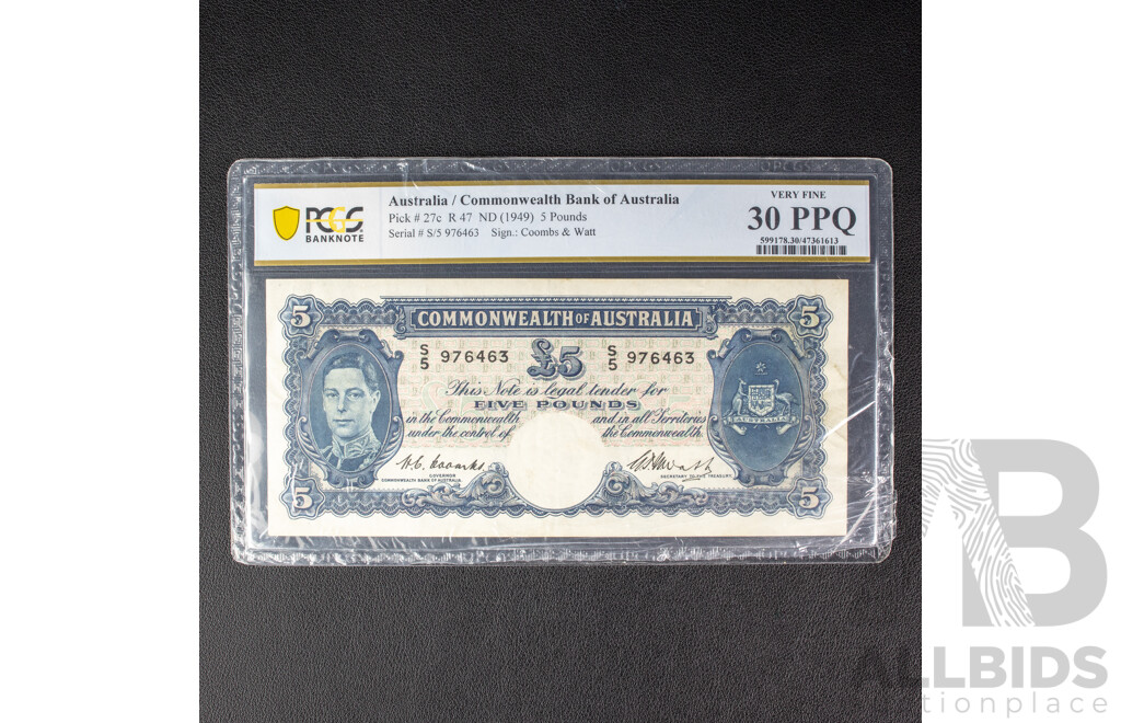 Australian 1949 C of A five pound note.Coombs Watt PCGS grading VF. S5 976463
